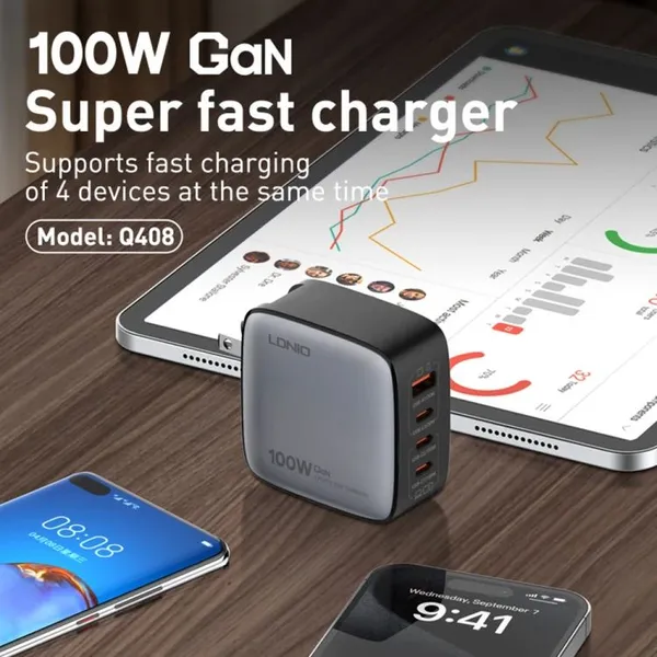 LDNIO_100W_GaN_Super_Fast_Charger_|_3_USB-C_+_1_USB-A_|_PD_&_QC_Fast_Charging_|_Multi-Device_Laptop_Charger_(Model_Q408)