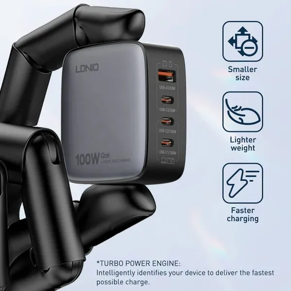 LDNIO_100W_GaN_Super_Fast_Charger_|_3_USB-C_+_1_USB-A_|_PD_&_QC_Fast_Charging_|_Multi-Device_Laptop_Charger_(Model_Q408)