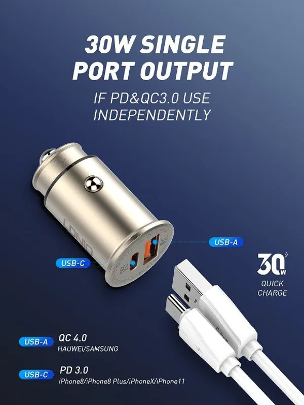 LDNIO_30W_USB-C_PD_+_QC4.0_Fast_Car_Charger_|_Compact_Metal_Mini_Design_|_Single_Port_High-Speed_Charging
