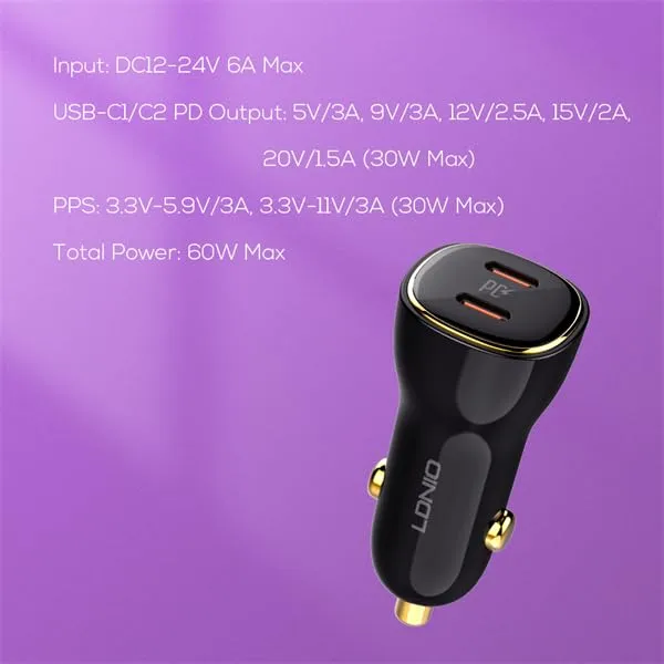 LDNIO_60W_Dual_USB-C_Fast_Car_Charger_|_PD_+_PPS_+_QC_3.0_|_Type-C_Quick_Charge_Adapter_with_Multi-Protection_Safety