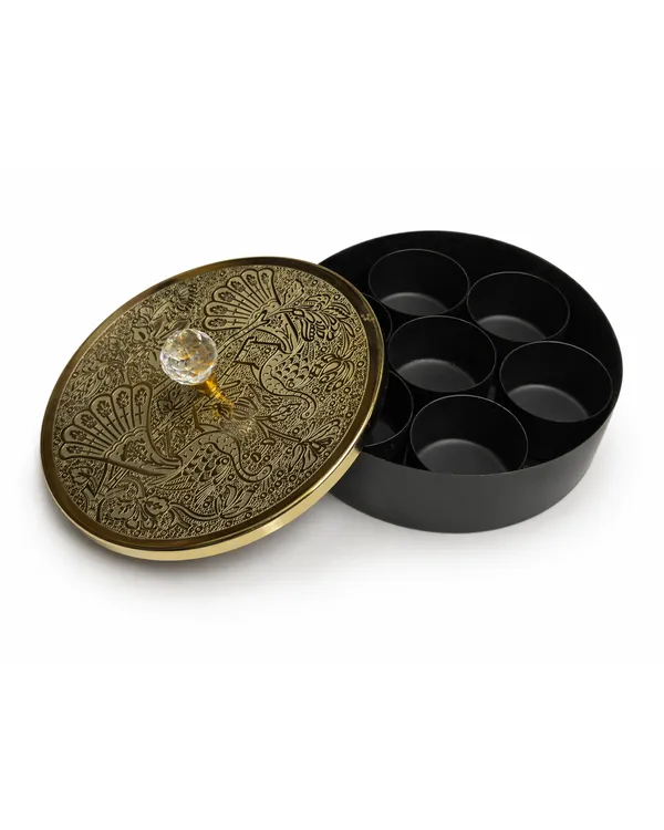 Handcrafted_Etched_Peacock_Brass_Masala_Box_with_7_Compartments_:_Traditional_Indian_Masala_Dani_with_Crystal_Knob_&_Spoon_for_Kitchen_Storage,_8-Inch_Metal_Spice_Box_Organizer