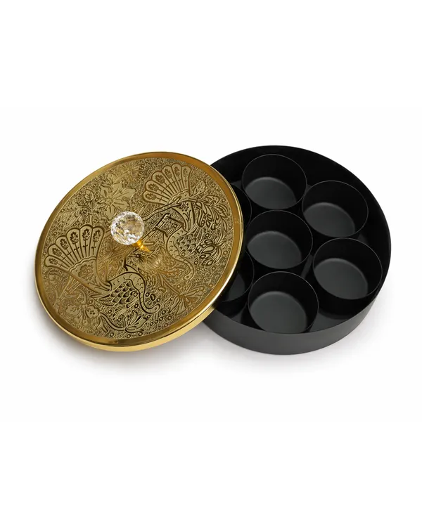 Handcrafted_Etched_Peacock_Brass_Masala_Box_with_7_Compartments_:_Traditional_Indian_Masala_Dani_with_Crystal_Knob_&_Spoon_for_Kitchen_Storage,_8-Inch_Metal_Spice_Box_Organizer