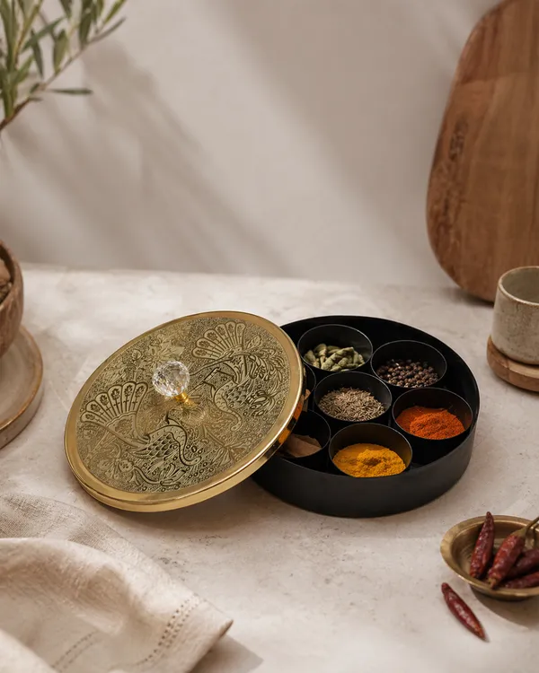 Handcrafted_Etched_Peacock_Brass_Masala_Box_with_7_Compartments_:_Traditional_Indian_Masala_Dani_with_Crystal_Knob_&_Spoon_for_Kitchen_Storage,_8-Inch_Metal_Spice_Box_Organizer