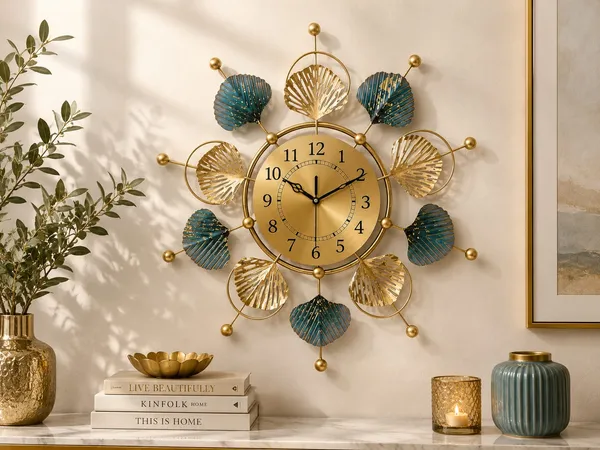 Luxury_Gold_&_Blue_Floral_Metal_Wall_Clock_–_Modern_Decorative_Silent_Wall_Clock