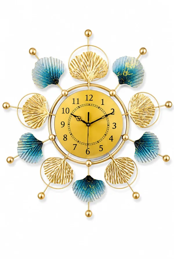 Luxury_Gold_&_Blue_Floral_Metal_Wall_Clock_–_Modern_Decorative_Silent_Wall_Clock