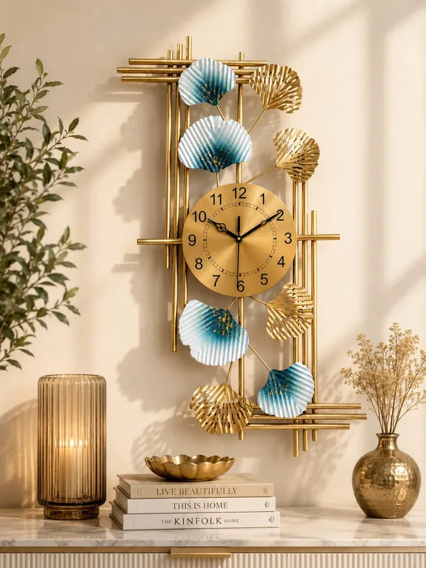 Luxury_Golden_Metal_Wall_Clock_with_Blue_&_Gold_Leaf_Design_–_Modern_Decorative_Wall_Art_Clock