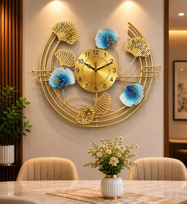 Luxury_Round_Gold_Metal_Wall_Clock_with_Blue_Ginkgo_Leaves_–_Modern_Decorative_Silent_Clock