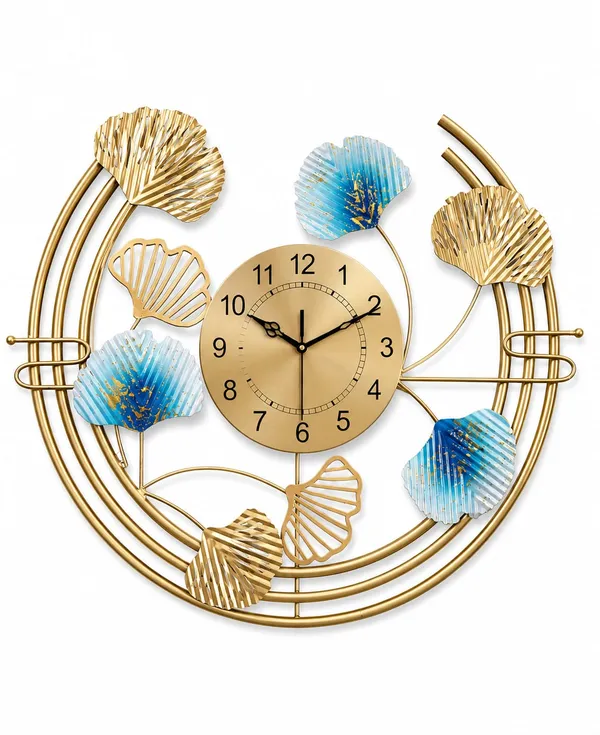 Luxury_Round_Gold_Metal_Wall_Clock_with_Blue_Ginkgo_Leaves_–_Modern_Decorative_Silent_Clock
