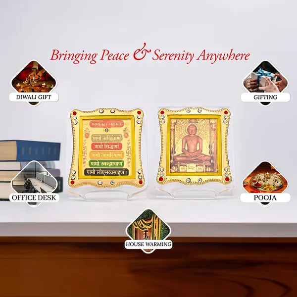 Combo_Of_Lord_Jain_Mahavir_Swami_And_Namokar_Mantra_Gold_Plated_Frame_Idol_For_Car_Dashboard,_Home_Temple,_Office_Desk_&_Pooja