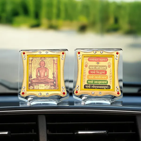 Combo_Of_Lord_Jain_Mahavir_Swami_And_Namokar_Mantra_Gold_Plated_Frame_Idol_For_Car_Dashboard,_Home_Temple,_Office_Desk_&_Pooja