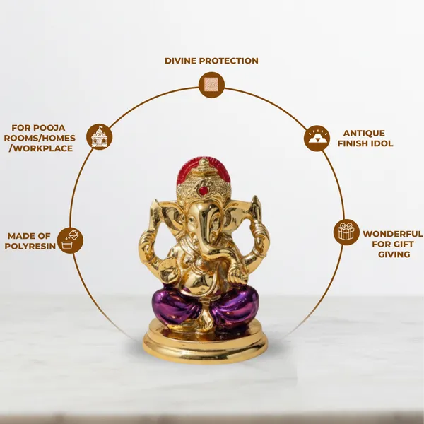 Golden_Ganesha_Idol_with_Purple_Dhoti_&_Red_Crown_|_Mini_Ganpati_Murti_for_Home_Mandir,_Office_Desk_&_Car_Dashboard_|_Antique_Finish_Hindu_God_Idol_for_Vastu,_Pooja_&_Gifting