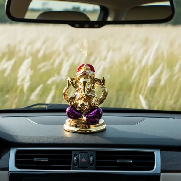 Golden_Ganesha_Idol_with_Purple_Dhoti_&_Red_Crown_|_Mini_Ganpati_Murti_for_Home_Mandir,_Office_Desk_&_Car_Dashboard_|_Antique_Finish_Hindu_God_Idol_for_Vastu,_Pooja_&_Gifting