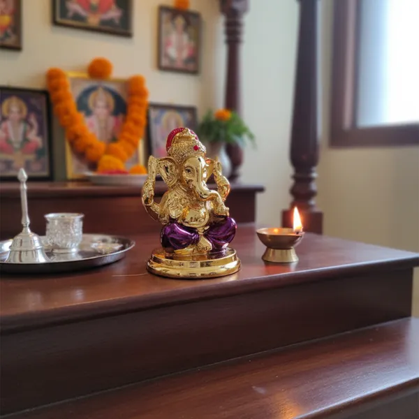 Golden_Ganesha_Idol_with_Purple_Dhoti_&_Red_Crown_|_Mini_Ganpati_Murti_for_Home_Mandir,_Office_Desk_&_Car_Dashboard_|_Antique_Finish_Hindu_God_Idol_for_Vastu,_Pooja_&_Gifting