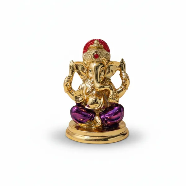 Golden_Ganesha_Idol_with_Purple_Dhoti_&_Red_Crown_|_Mini_Ganpati_Murti_for_Home_Mandir,_Office_Desk_&_Car_Dashboard_|_Antique_Finish_Hindu_God_Idol_for_Vastu,_Pooja_&_Gifting