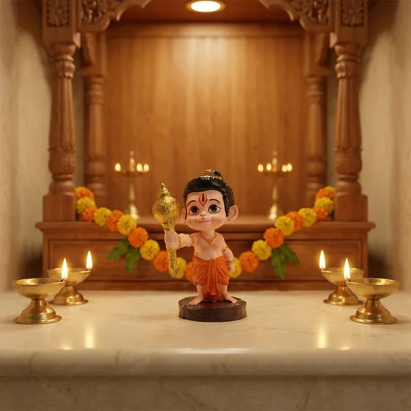 Bal_Hanuman_Standing_Idol_for_Car_Dashboard_-_9cm_Baby_Bajrangbali_Murti_with_Golden_Gada_|_Cute_Maruti_Figurine_for_Home_Decor,_Office_Desk,_Study_Table_&_Gifting_|_Small_Orange_Hanuman_Statue_(9cm_x_5.5cm)