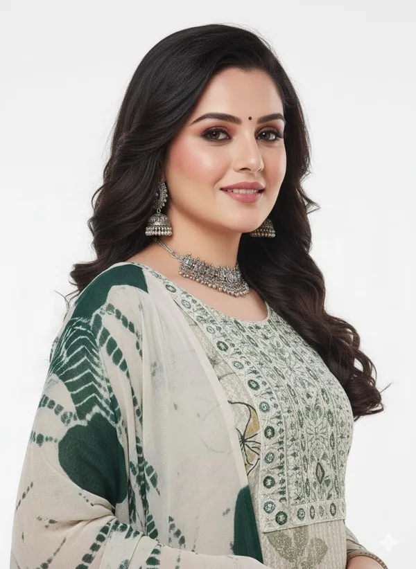 Green_Rayon_Cotton_Mix_3_Piece_Kurta_Pant_Dupatta_Set_For_Women