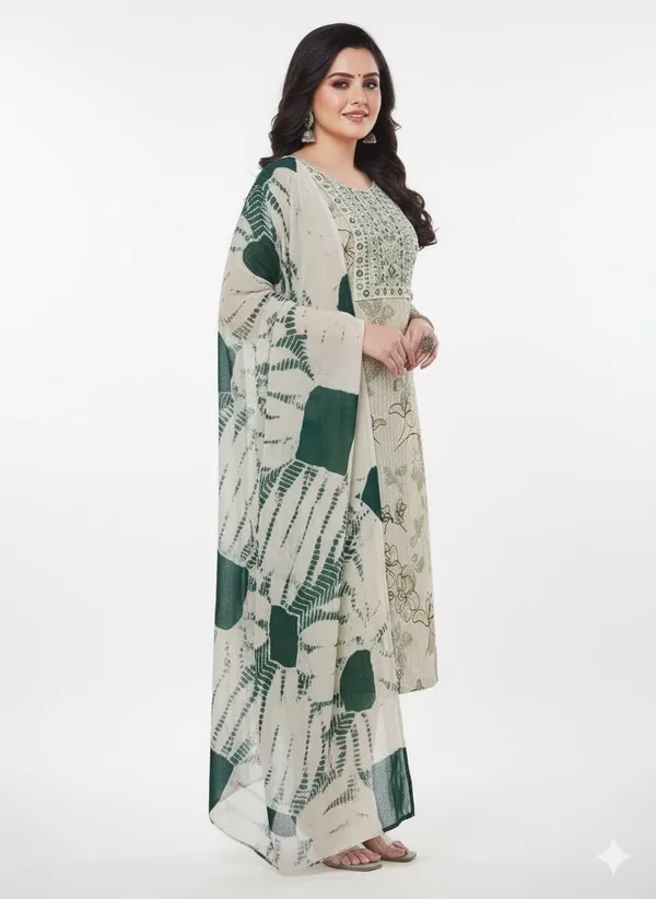 Green_Rayon_Cotton_Mix_3_Piece_Kurta_Pant_Dupatta_Set_For_Women