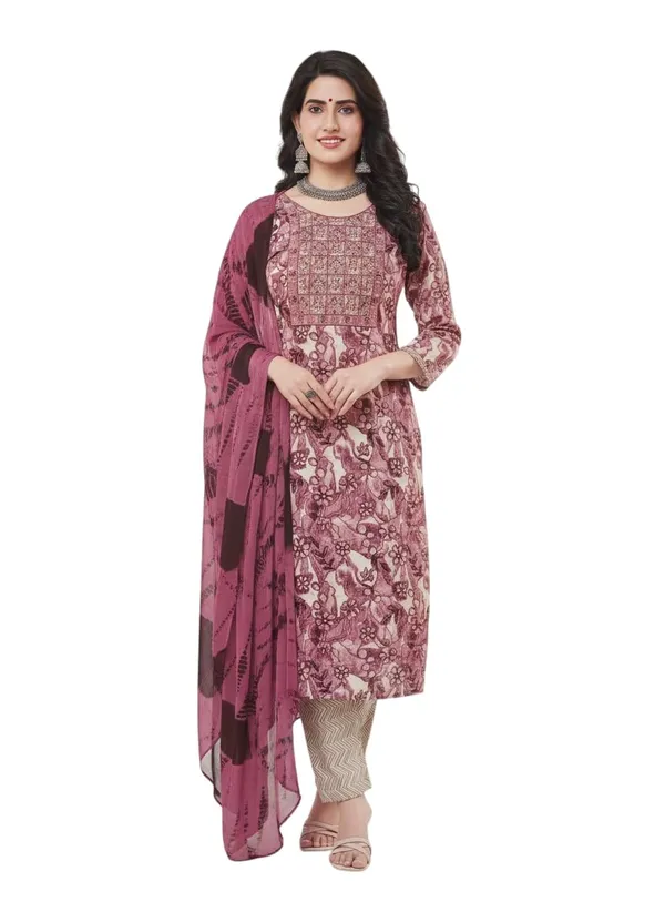 Purple_Rayon_Cotton_Mix_3_Piece_Kurta_Pant_Dupatta_Set_For_Women
