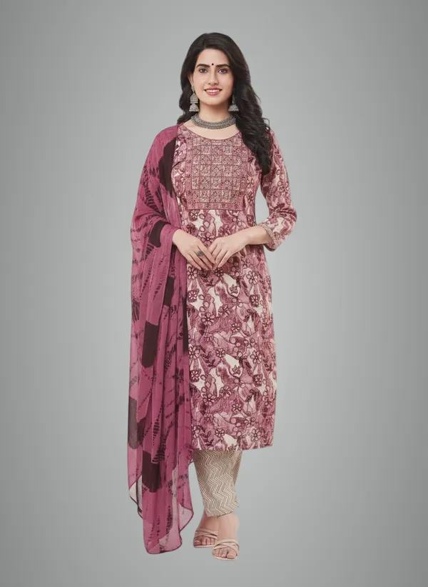 Purple_Rayon_Cotton_Mix_3_Piece_Kurta_Pant_Dupatta_Set_For_Women