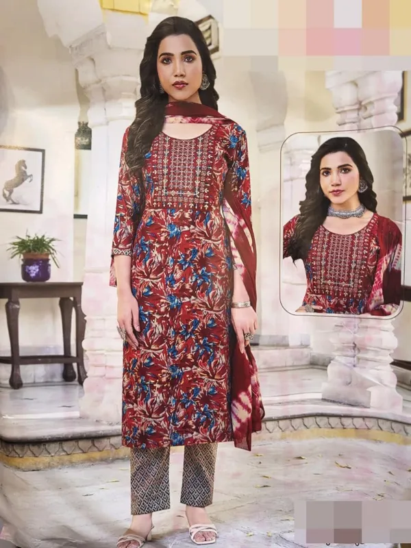 Marron_Red_Rayon_Cotton_Mix_3Piece_Kurta_Pant_For_Women