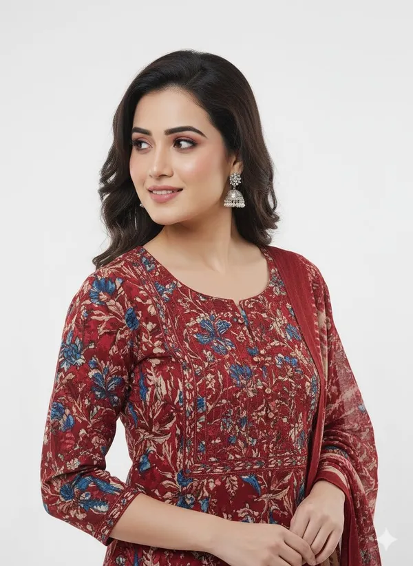 Marron_Red_Rayon_Cotton_Mix_3Piece_Kurta_Pant_For_Women
