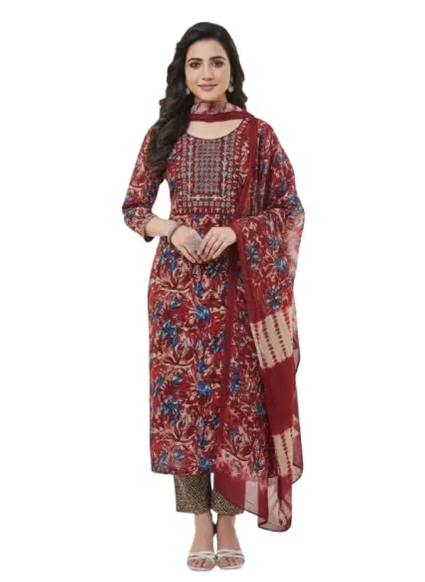 Marron_Red_Rayon_Cotton_Mix_3Piece_Kurta_Pant_For_Women