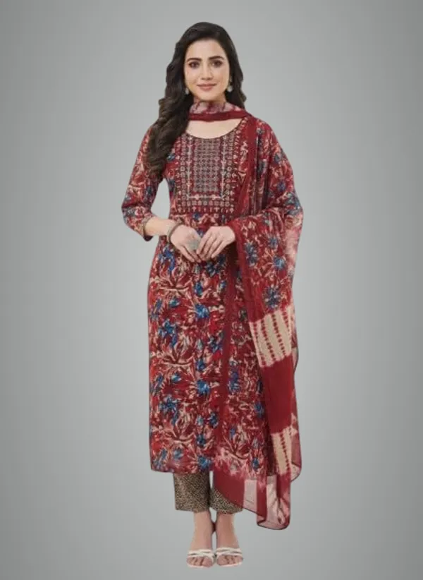 Marron_Red_Rayon_Cotton_Mix_3Piece_Kurta_Pant_For_Women