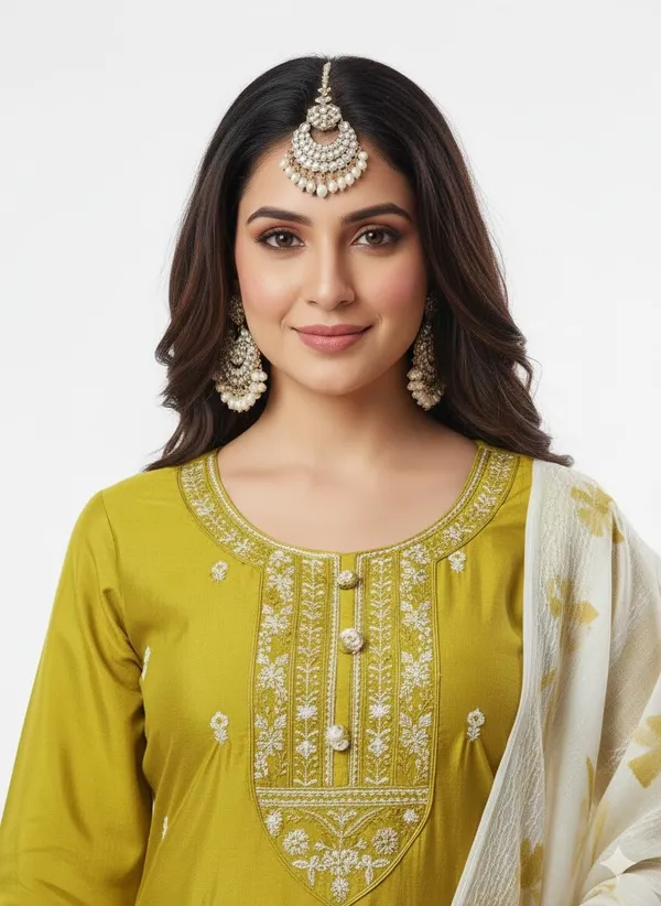Mustard_Green_Rayon_Cotton_Mix__Roman_Silk_Kurta_Pant_Dupatta_Set_For_Women