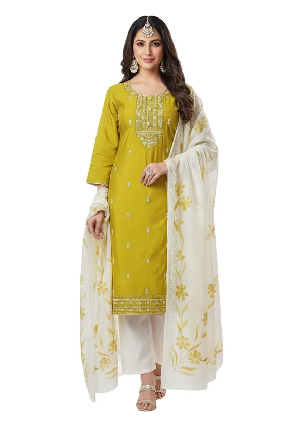 Mustard_Green_Rayon_Cotton_Mix__Roman_Silk_Kurta_Pant_Dupatta_Set_For_Women