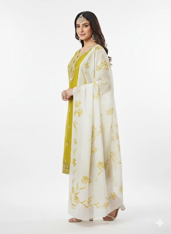 Mustard_Green_Rayon_Cotton_Mix__Roman_Silk_Kurta_Pant_Dupatta_Set_For_Women