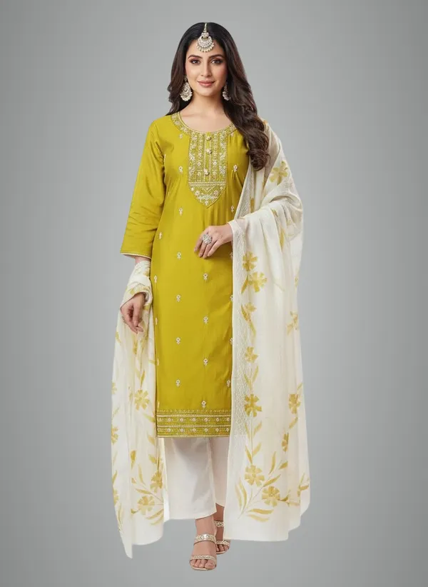 Mustard_Green_Rayon_Cotton_Mix__Roman_Silk_Kurta_Pant_Dupatta_Set_For_Women