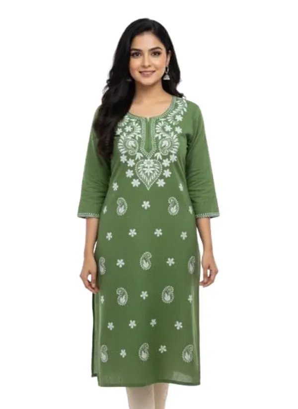 Green_Cotton_Chikankari_Single_Kurti_For_Women