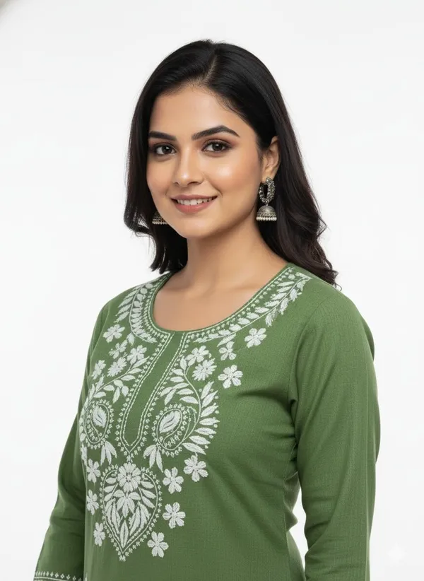 Green_Cotton_Chikankari_Single_Kurti_For_Women
