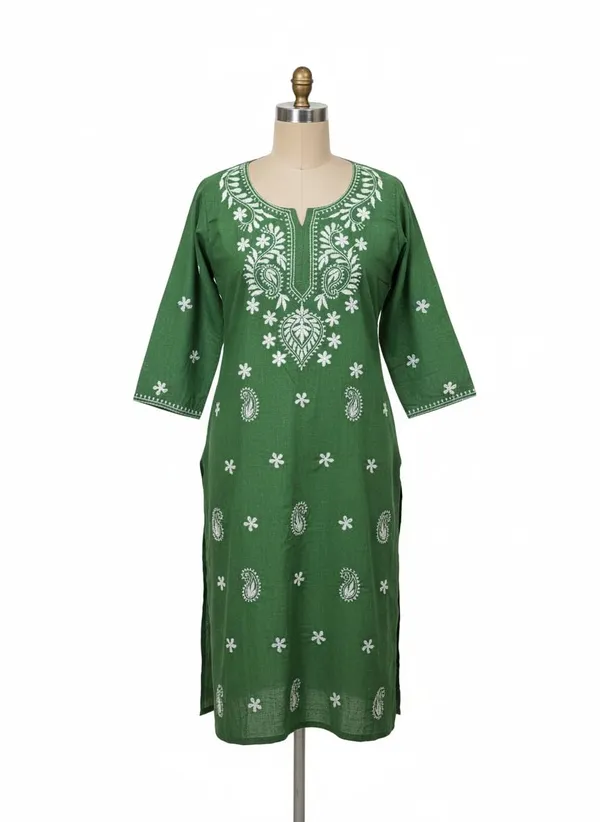 Green_Cotton_Chikankari_Single_Kurti_For_Women