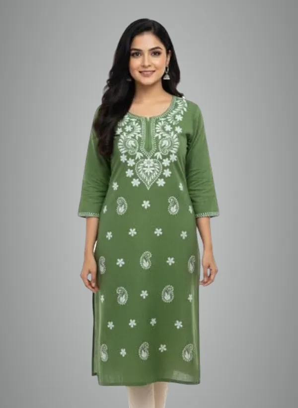 Green_Cotton_Chikankari_Single_Kurti_For_Women