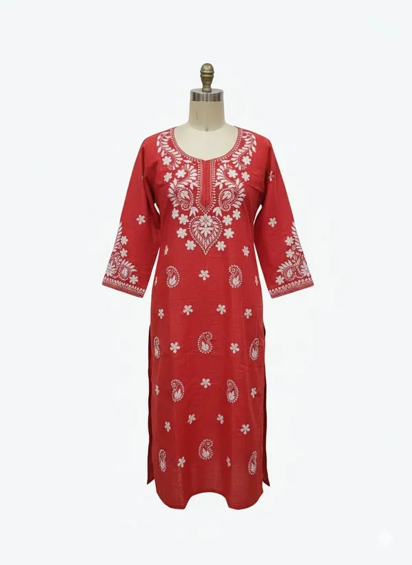 Red_Rayon_Mix_Cotton_Single_Kurti_For_Women