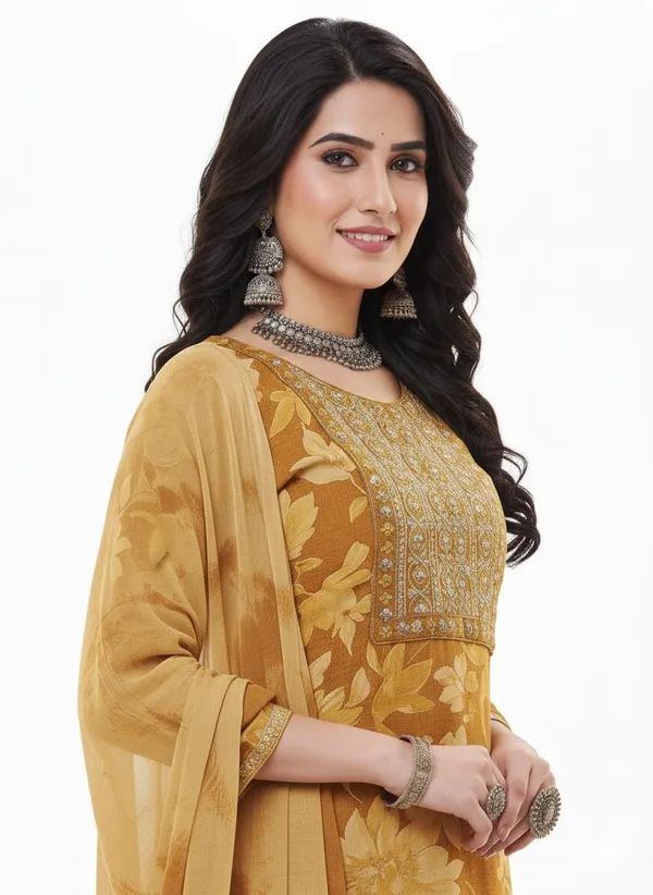 Yellow_Rayon_Cotton_Mix_3_Piece_Kurta_Pant_Dupatta_Set_|_For_Women
