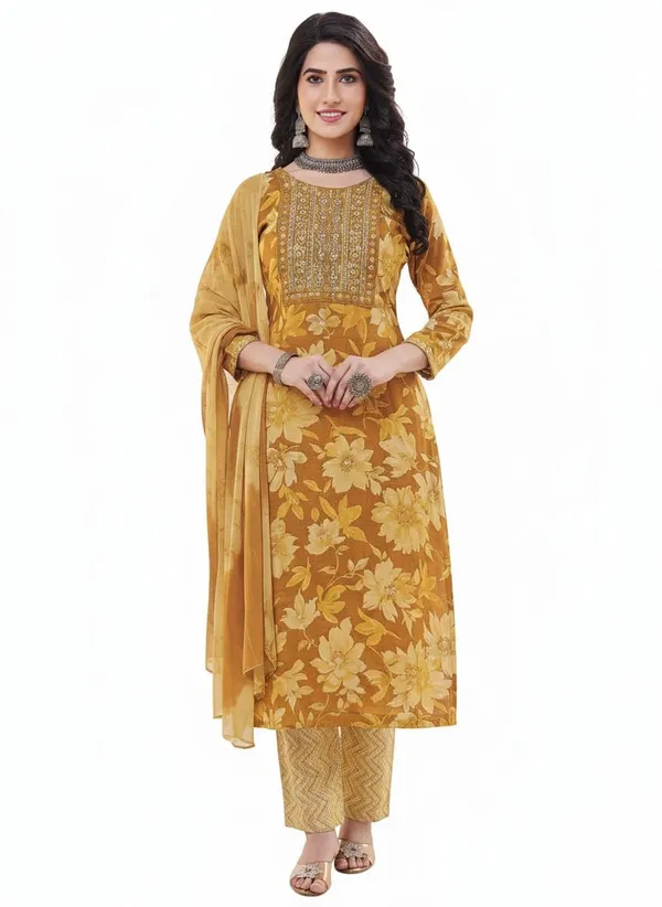 Yellow_Rayon_Cotton_Mix_3_Piece_Kurta_Pant_Dupatta_Set_|_For_Women
