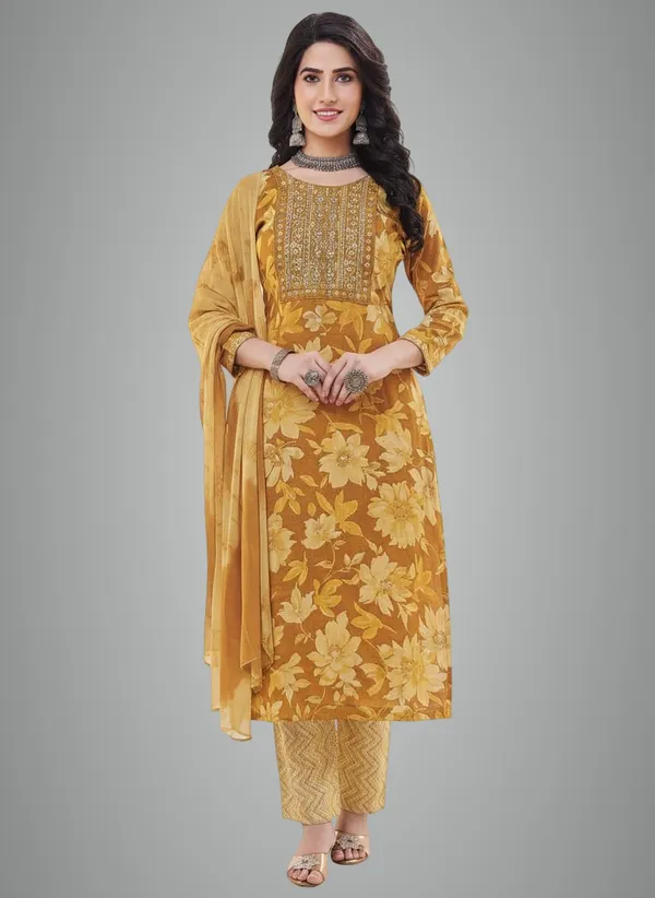 Yellow_Rayon_Cotton_Mix_3_Piece_Kurta_Pant_Dupatta_Set_|_For_Women