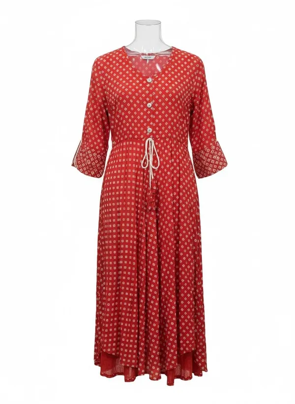 Red_Rayon_Cotton_Mix_Printed_Frock_Kurti_For_Women