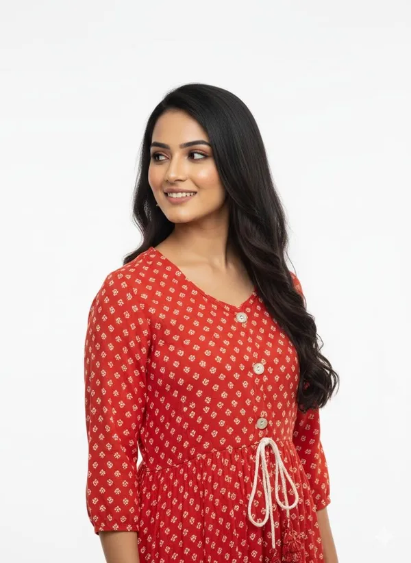 Red_Rayon_Cotton_Mix_Printed_Frock_Kurti_For_Women