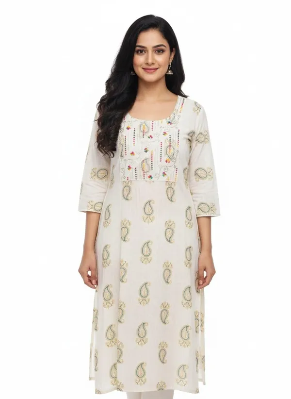 White_Green_Cotton_Single_Kurti_For_Women