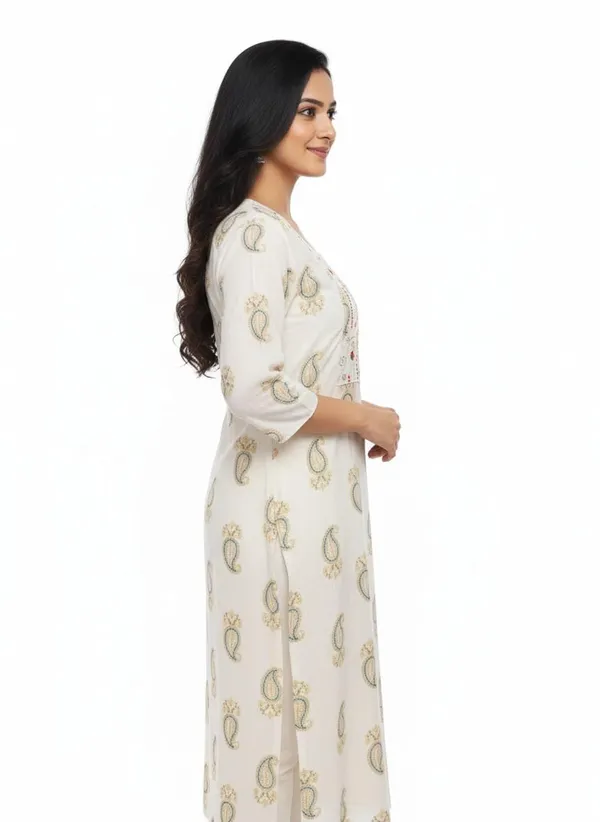 White_Green_Cotton_Single_Kurti_For_Women