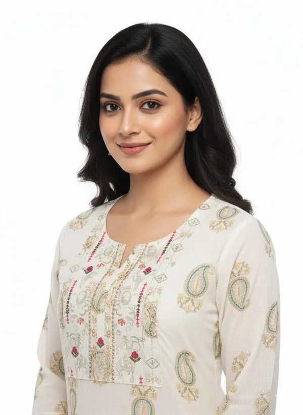 White_Green_Cotton_Single_Kurti_For_Women
