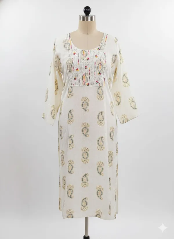 White_Green_Cotton_Single_Kurti_For_Women