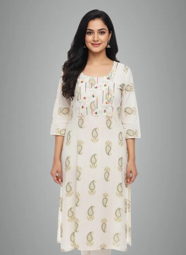 White_Green_Cotton_Single_Kurti_For_Women