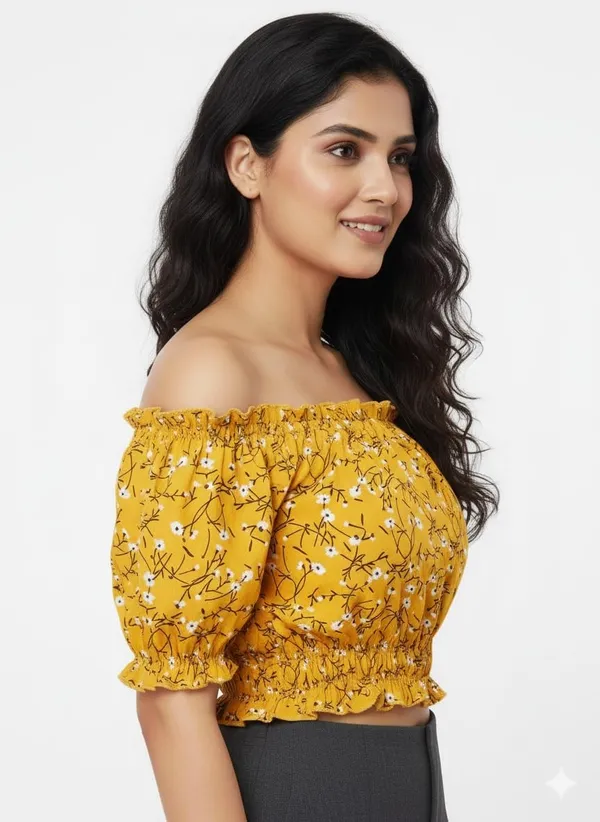 Yellow_Polyester_Off-Shoulder_Crop_Top_For_Women