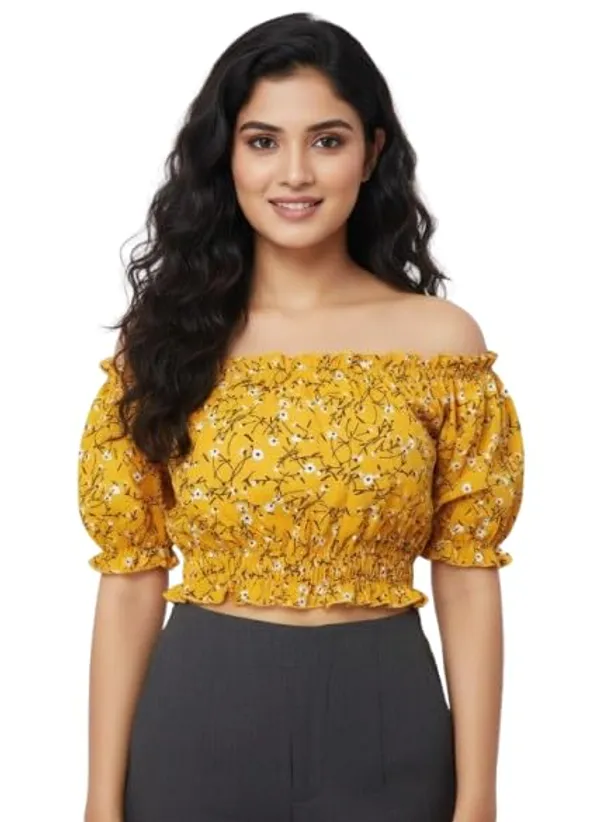 Yellow_Polyester_Off-Shoulder_Crop_Top_For_Women