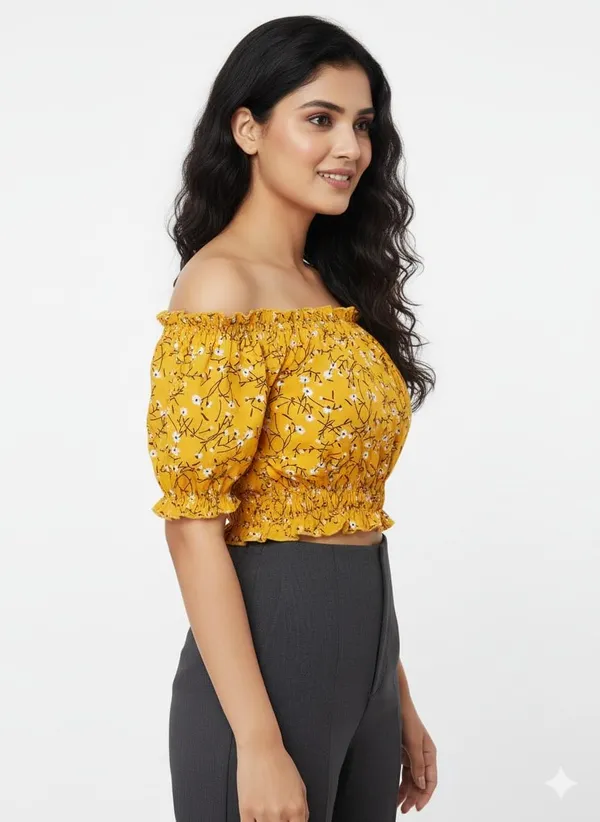 Yellow_Polyester_Off-Shoulder_Crop_Top_For_Women