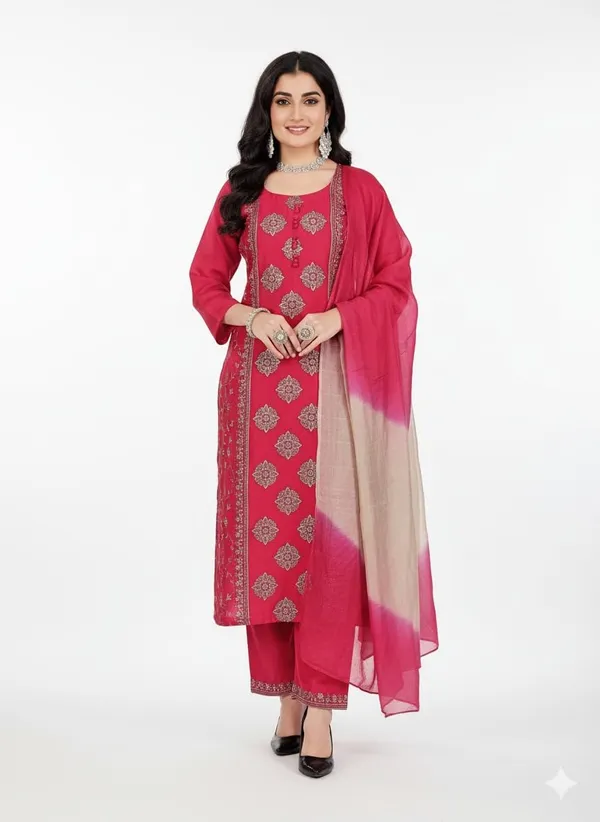 Red_Rayon_Cotton_Mix_3_Piece_Kurta_Pant_For_Women